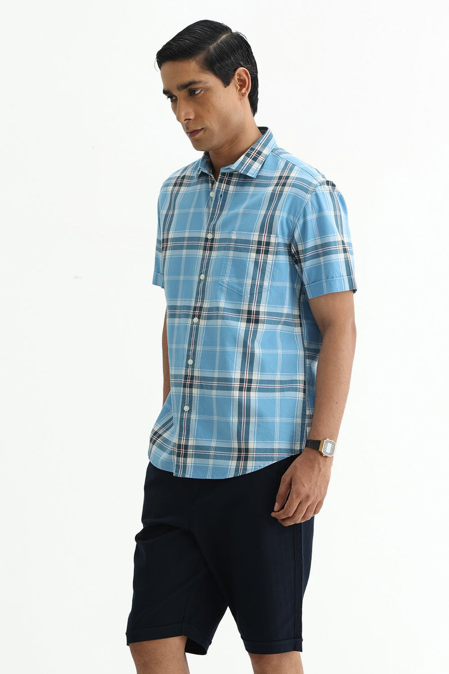 BASICS SLIM FIT BEIGE COTTON TWILL CHECKS HALFSLEEVES SHIRT