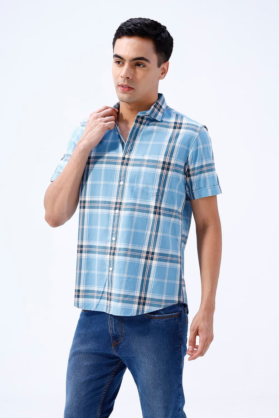 BASICS SLIM FIT BEIGE COTTON TWILL CHECKS HALFSLEEVES SHIRT