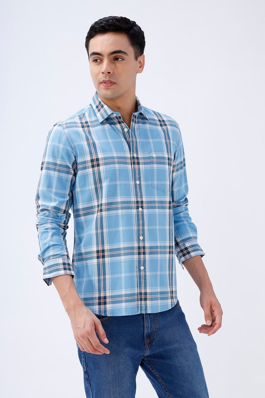BASICS SLIM FIT BEIGE COTTON TWILL CHECKS SHIRT
