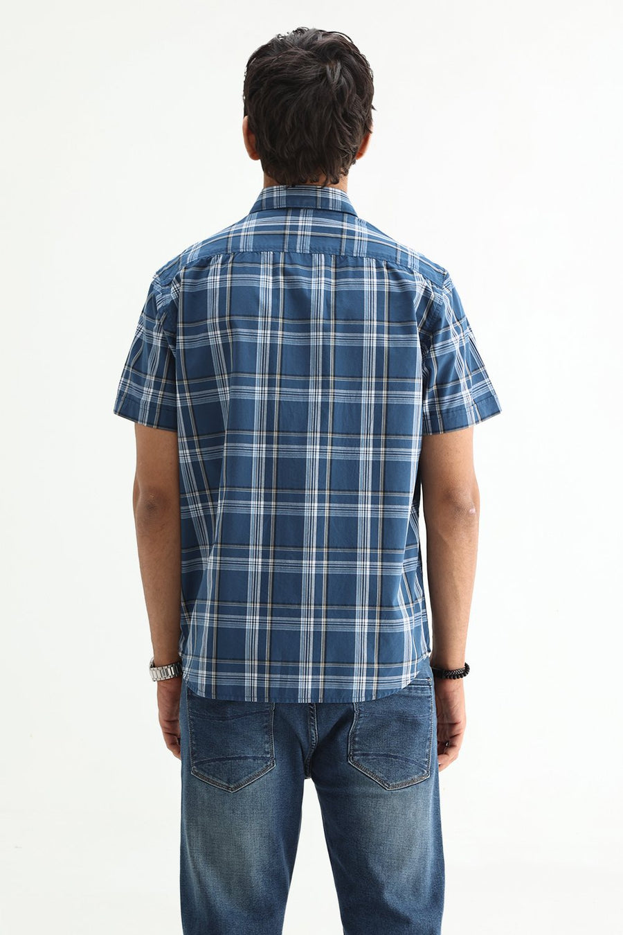 BASICS SLIM FIT LIGHT GREY COTTON PLAIN CHECKS HALFSLEEVES SHIRT