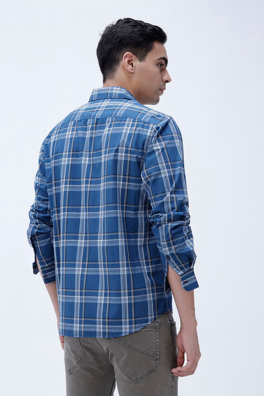 BASICS SLIM FIT LIGHT GREY COTTON PLAIN CHECKS SHIRT