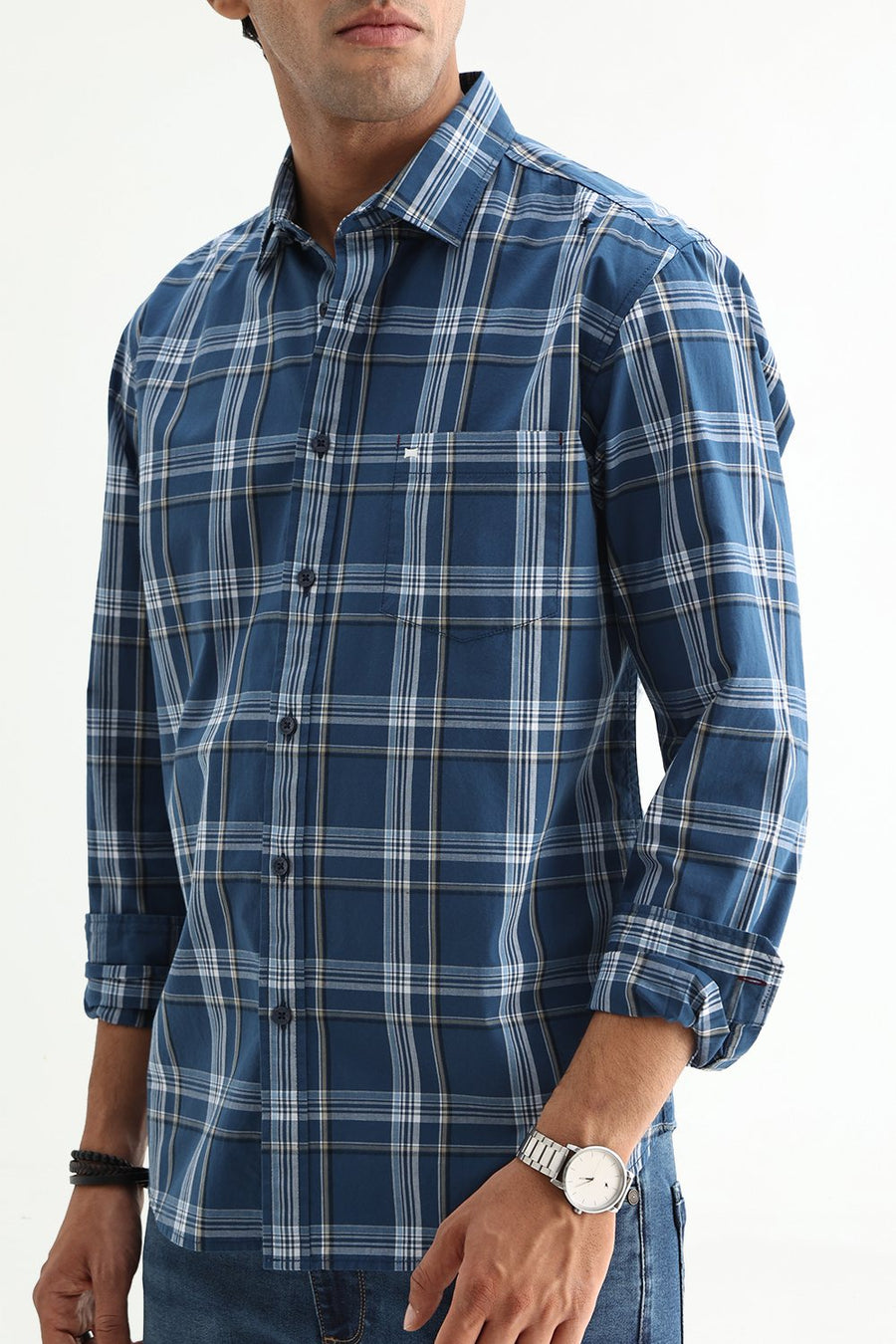 BASICS SLIM FIT LIGHT GREY COTTON PLAIN CHECKS SHIRT