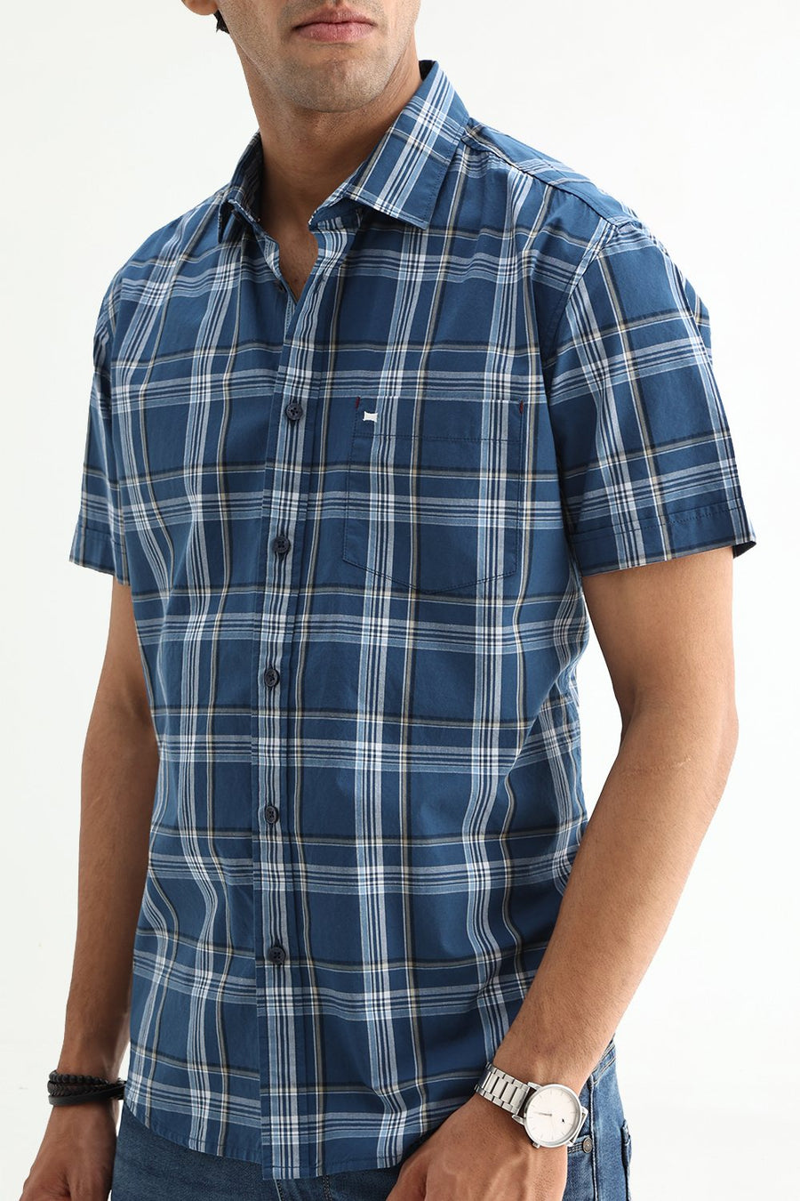 BASICS SLIM FIT LIGHT GREY COTTON PLAIN CHECKS HALFSLEEVES SHIRT