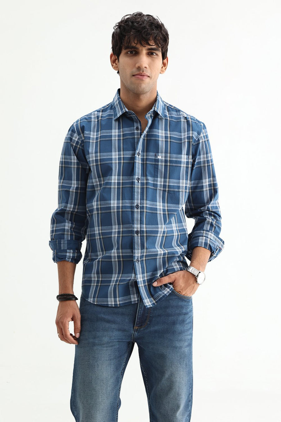 BASICS SLIM FIT LIGHT GREY COTTON PLAIN CHECKS SHIRT