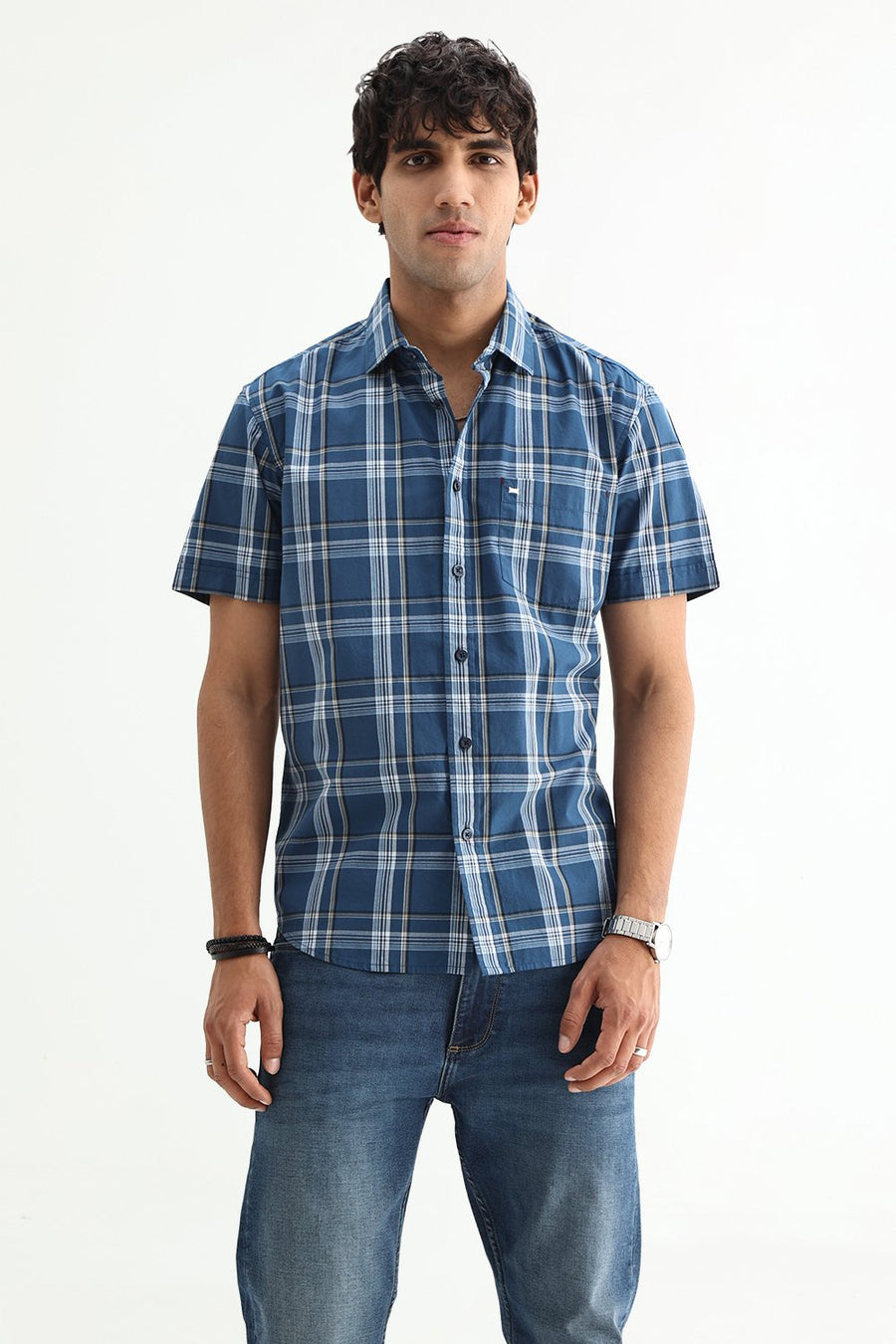 BASICS SLIM FIT LIGHT GREY COTTON PLAIN CHECKS HALFSLEEVES SHIRT