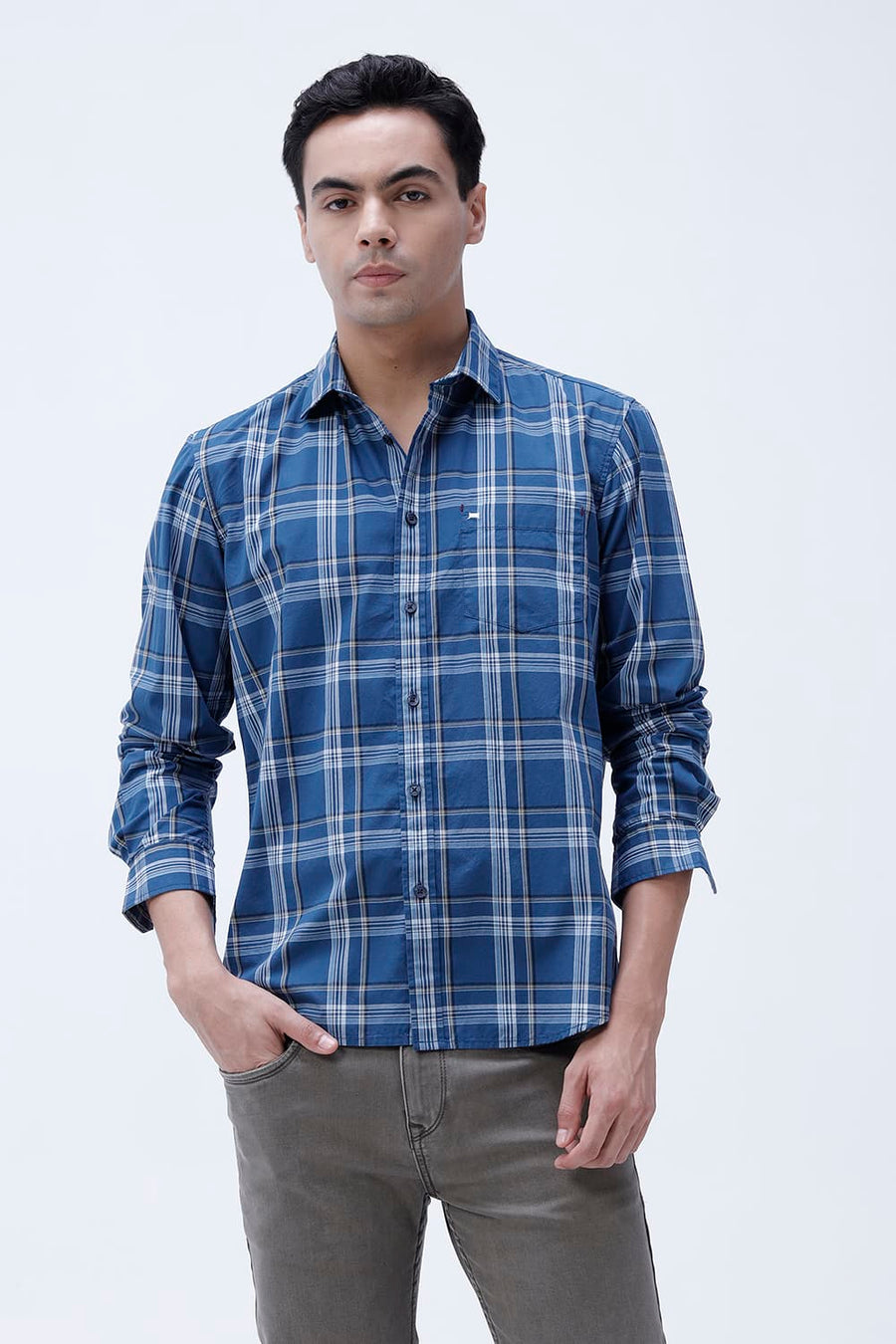 BASICS SLIM FIT LIGHT GREY COTTON PLAIN CHECKS SHIRT