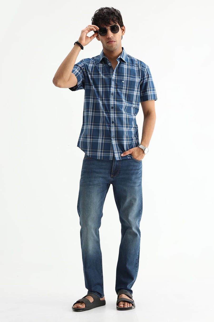 BASICS SLIM FIT LIGHT GREY COTTON PLAIN CHECKS HALFSLEEVES SHIRT