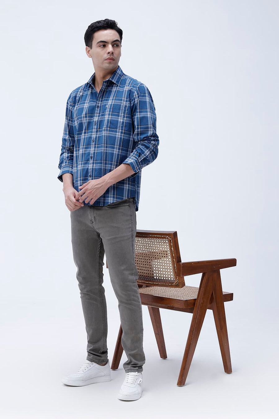 BASICS SLIM FIT LIGHT GREY COTTON PLAIN CHECKS SHIRT