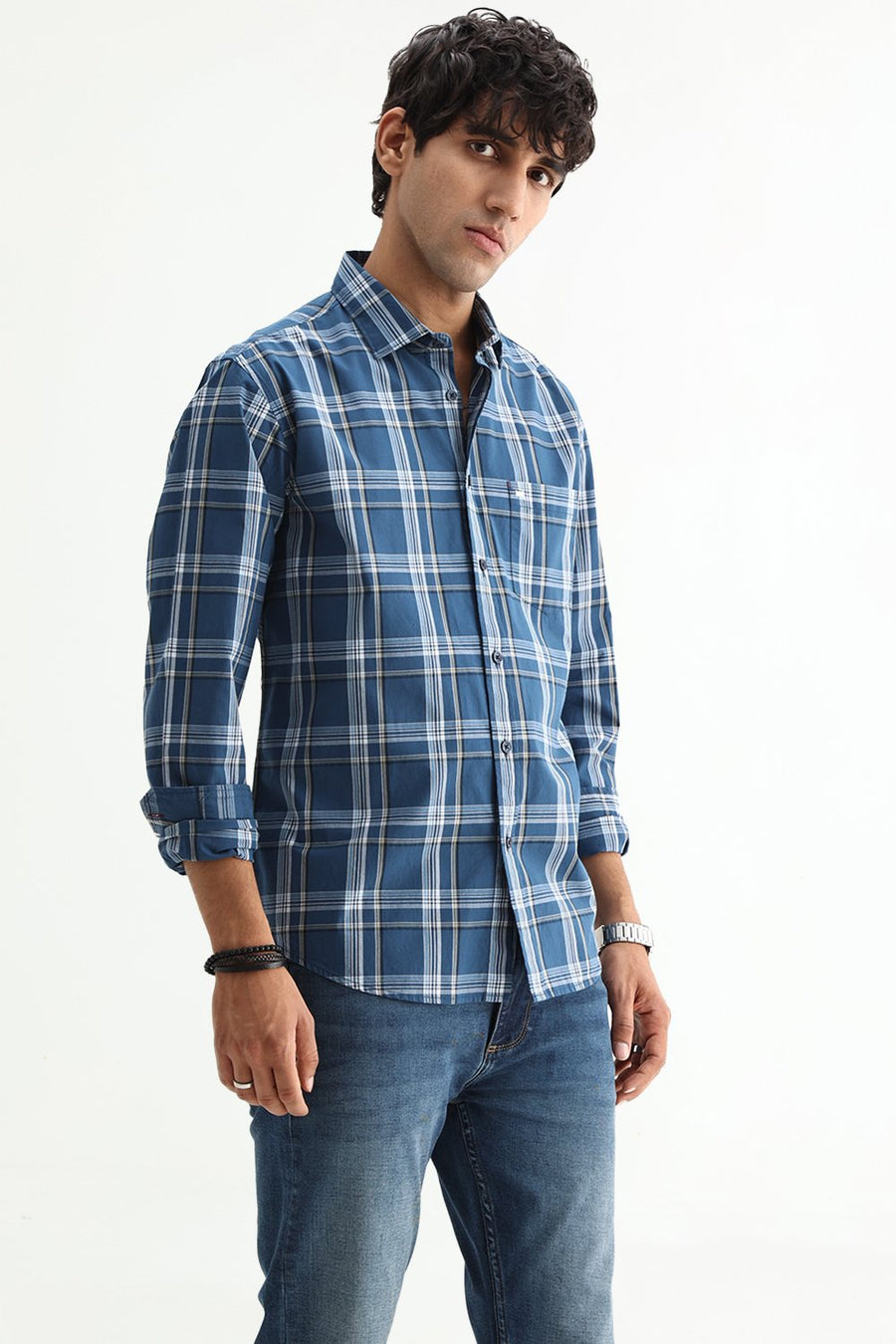 BASICS SLIM FIT LIGHT GREY COTTON PLAIN CHECKS SHIRT