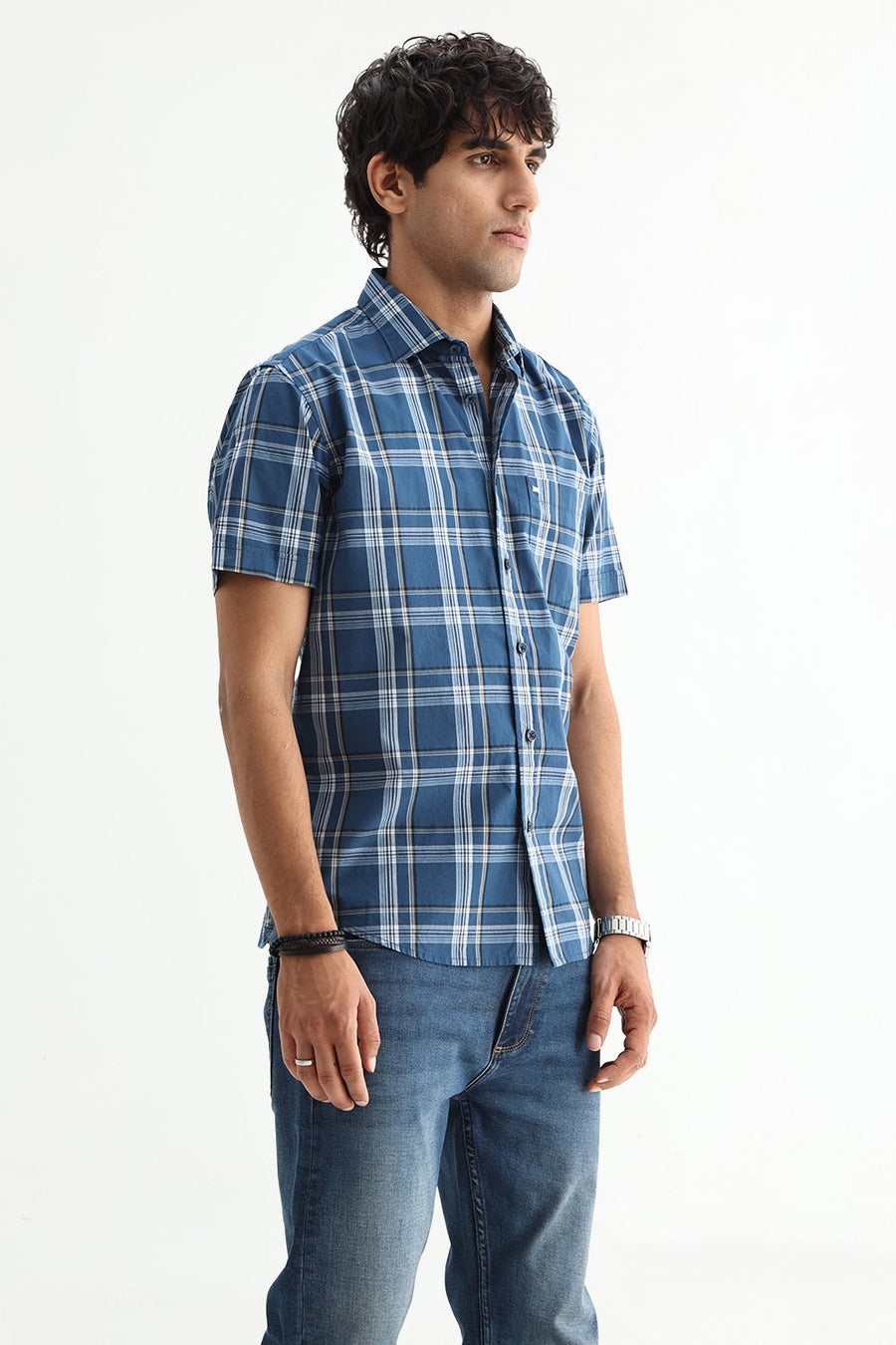 BASICS SLIM FIT LIGHT GREY COTTON PLAIN CHECKS HALFSLEEVES SHIRT
