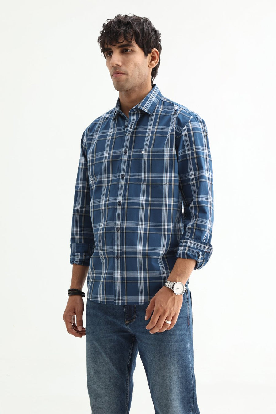 BASICS SLIM FIT LIGHT GREY COTTON PLAIN CHECKS SHIRT