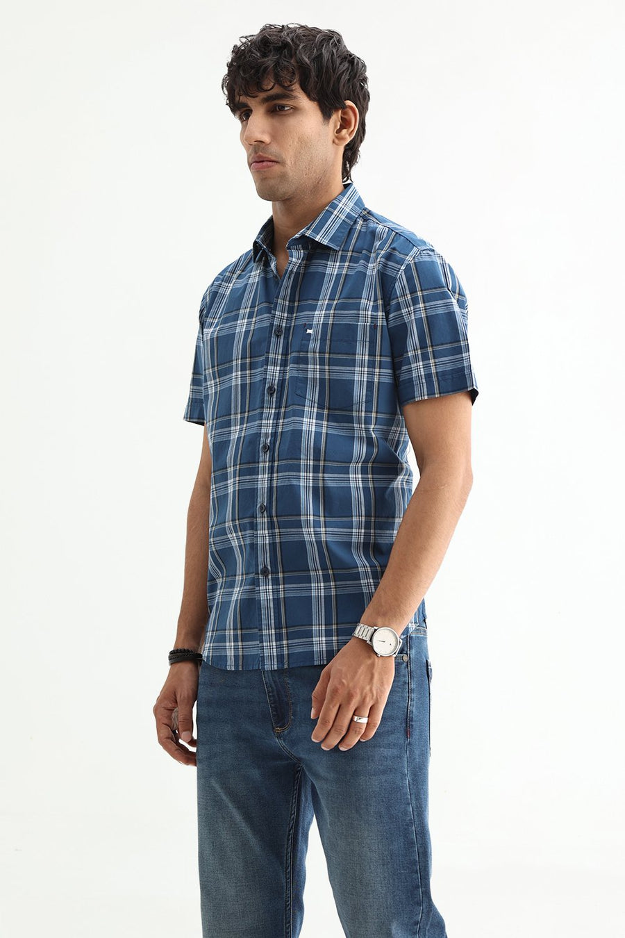 BASICS SLIM FIT LIGHT GREY COTTON PLAIN CHECKS HALFSLEEVES SHIRT
