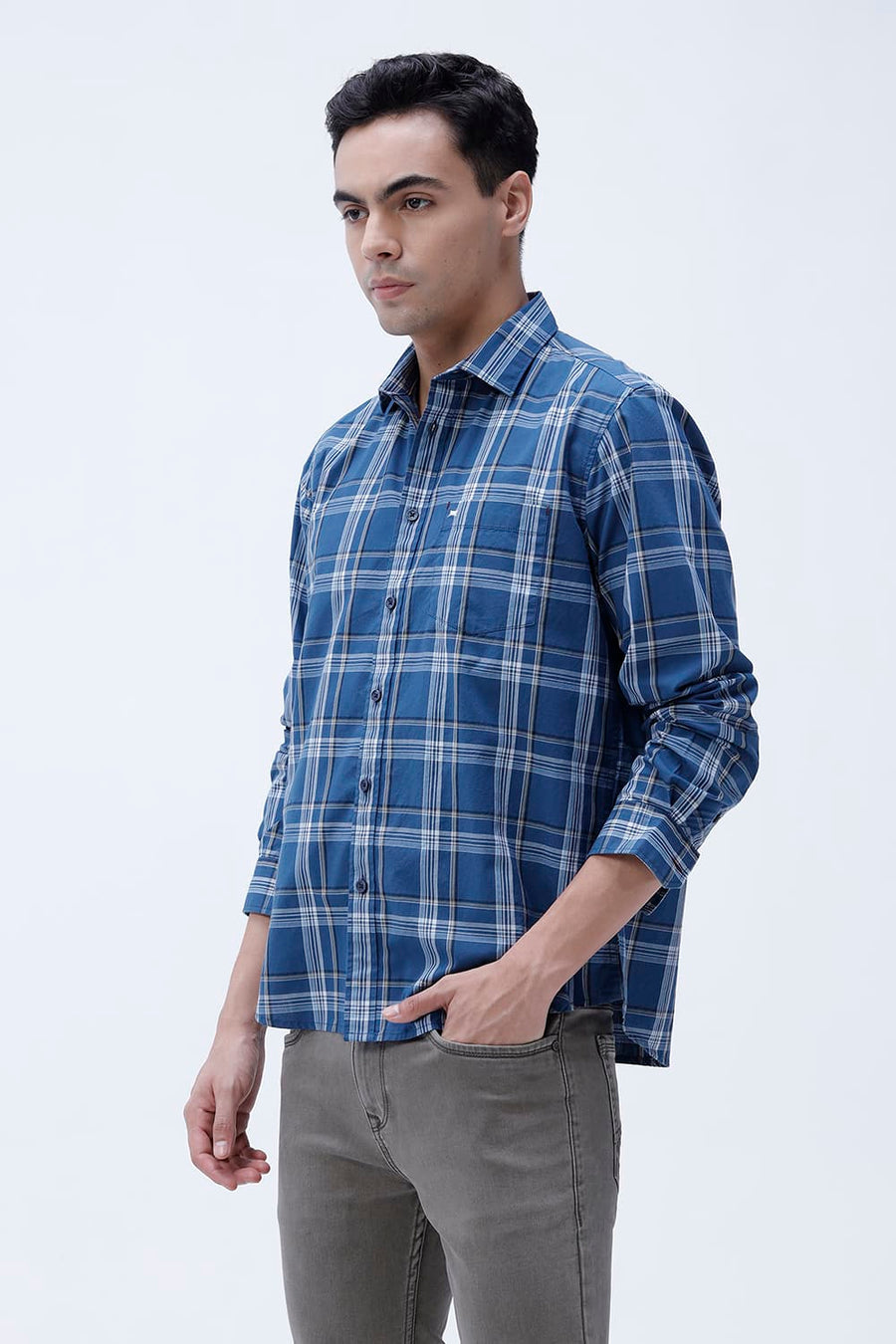 BASICS SLIM FIT LIGHT GREY COTTON PLAIN CHECKS SHIRT