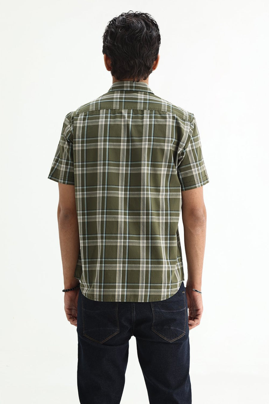 BASICS SLIM FIT LIGHT BLUE COTTON PLAIN CHECKS HALFSLEEVES SHIRT