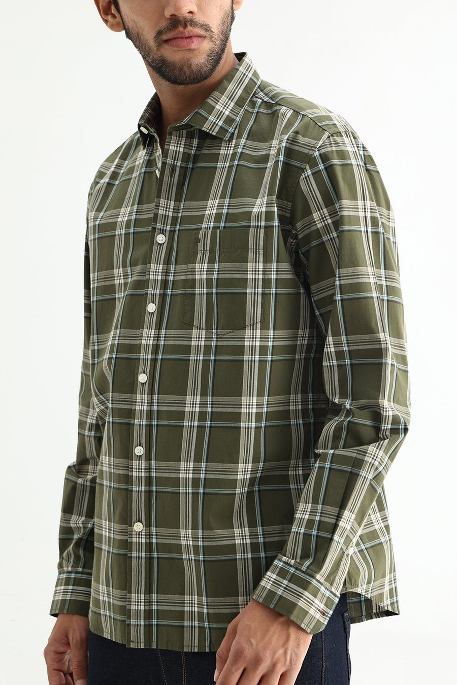 BASICS SLIM FIT LIGHT BLUE COTTON PLAIN CHECKS SHIRT