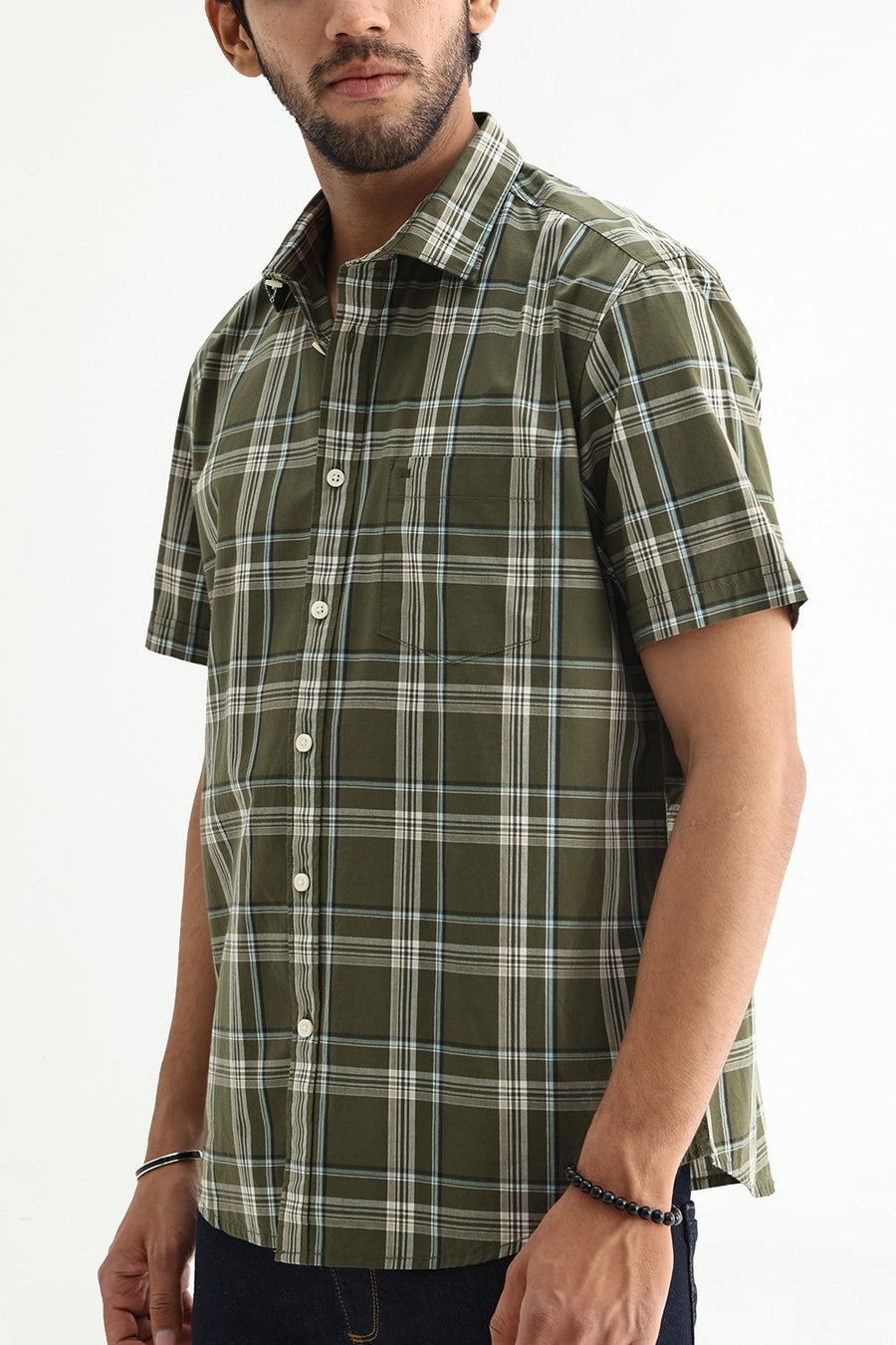 BASICS SLIM FIT LIGHT BLUE COTTON PLAIN CHECKS HALFSLEEVES SHIRT
