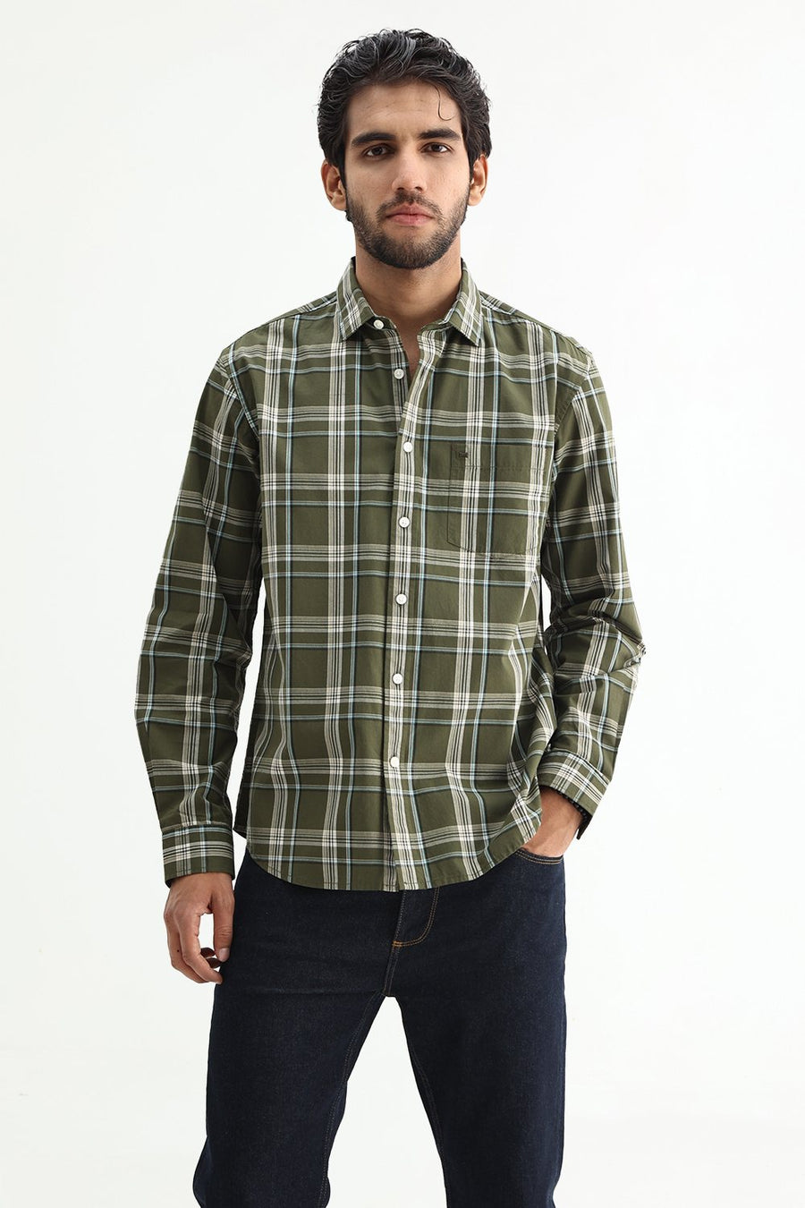 BASICS SLIM FIT LIGHT BLUE COTTON PLAIN CHECKS SHIRT