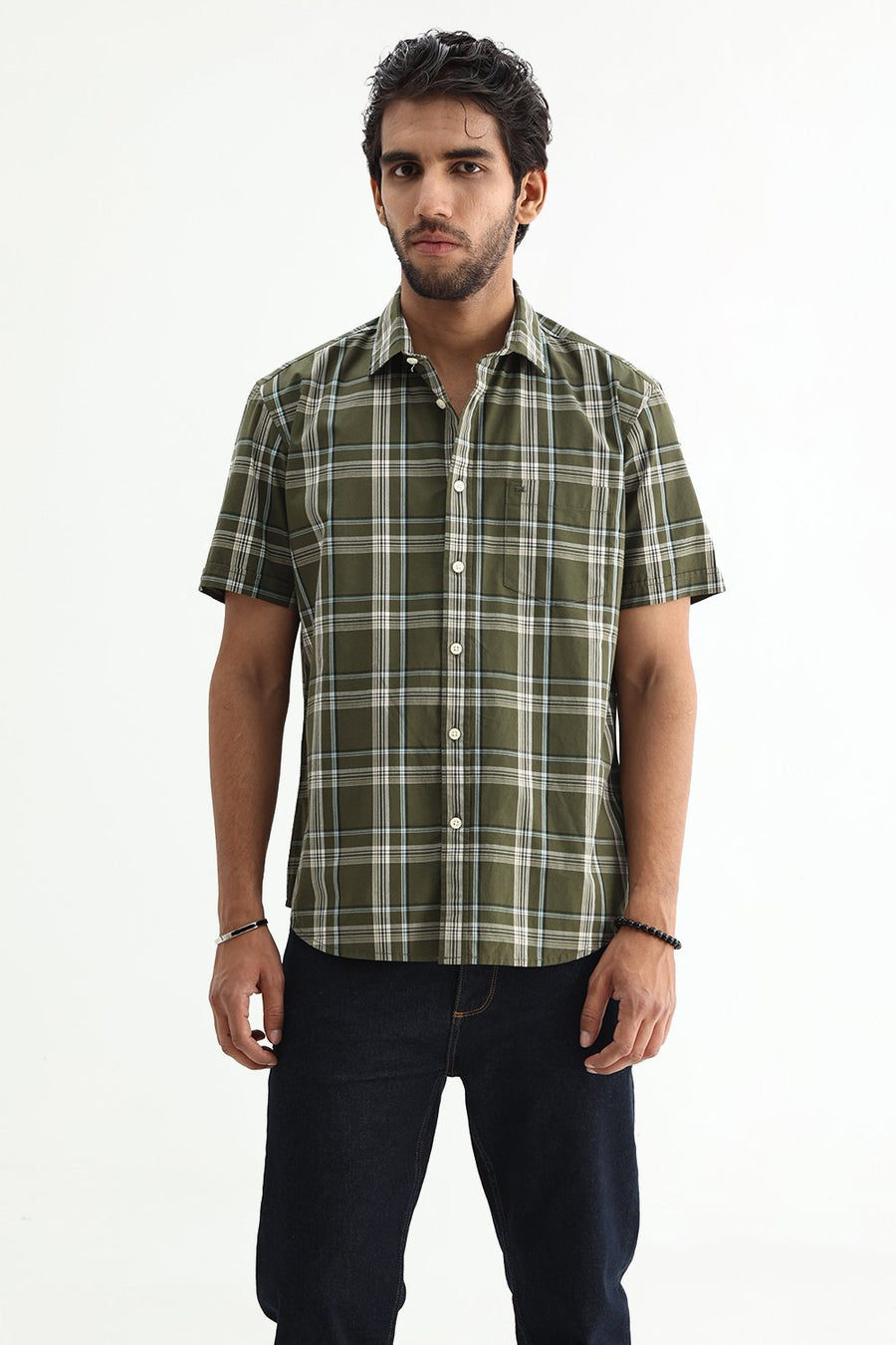 BASICS SLIM FIT LIGHT BLUE COTTON PLAIN CHECKS HALFSLEEVES SHIRT
