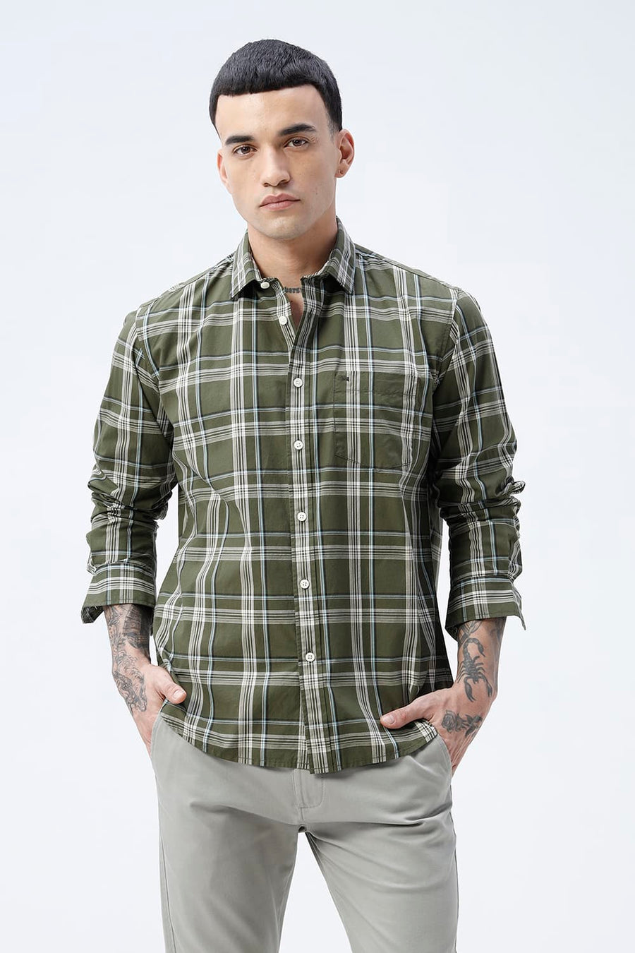BASICS SLIM FIT LIGHT BLUE COTTON PLAIN CHECKS SHIRT