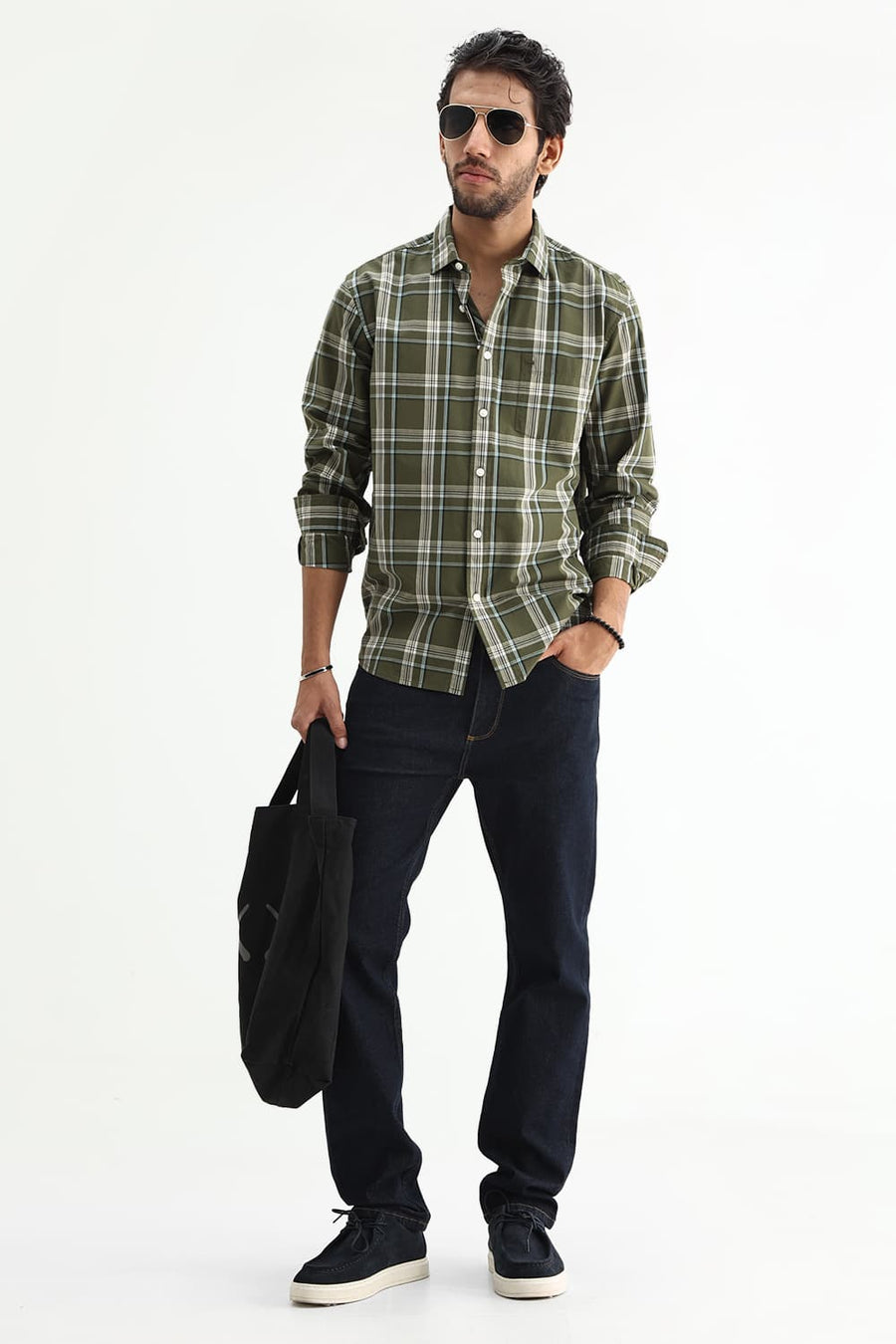 BASICS SLIM FIT LIGHT BLUE COTTON PLAIN CHECKS SHIRT