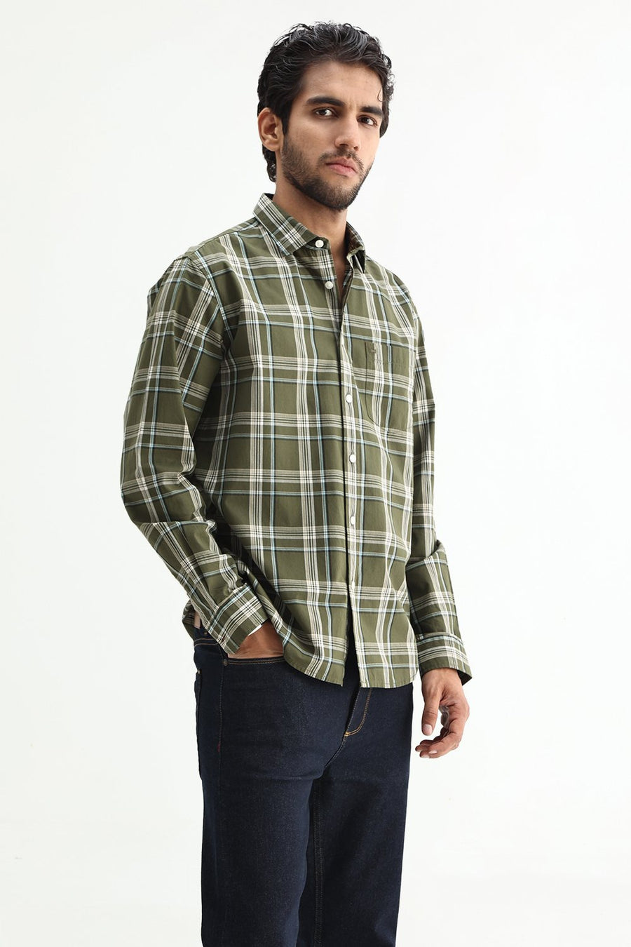 BASICS SLIM FIT LIGHT BLUE COTTON PLAIN CHECKS SHIRT