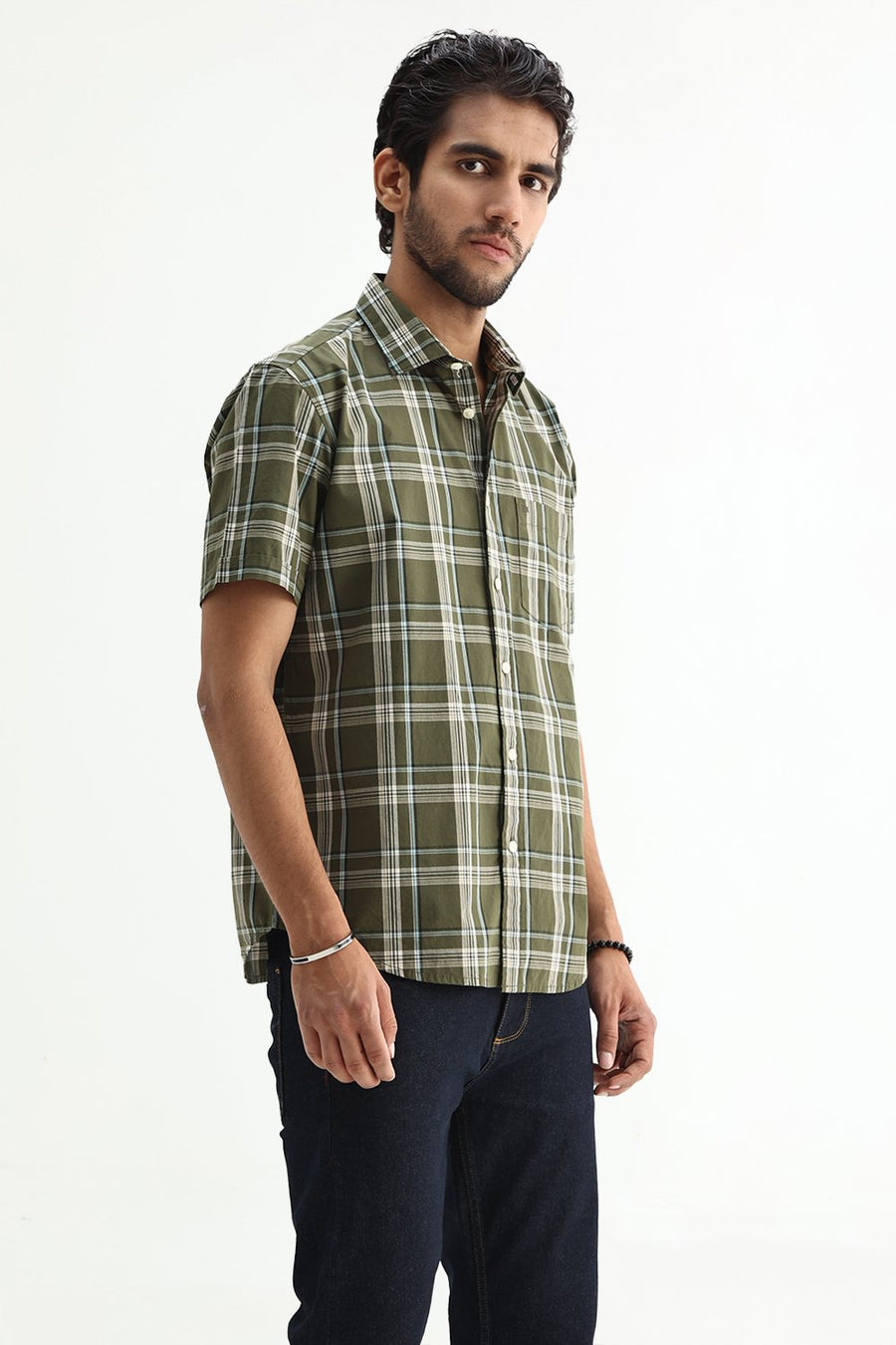 BASICS SLIM FIT LIGHT BLUE COTTON PLAIN CHECKS HALFSLEEVES SHIRT