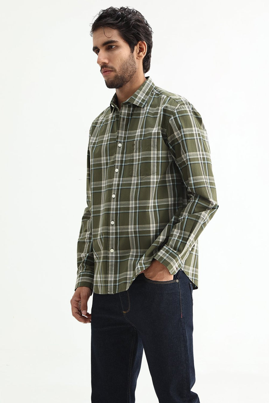 BASICS SLIM FIT LIGHT BLUE COTTON PLAIN CHECKS SHIRT