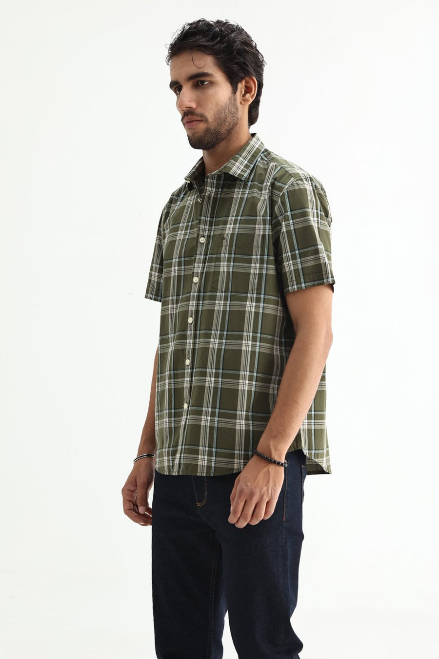 BASICS SLIM FIT LIGHT BLUE COTTON PLAIN CHECKS HALFSLEEVES SHIRT
