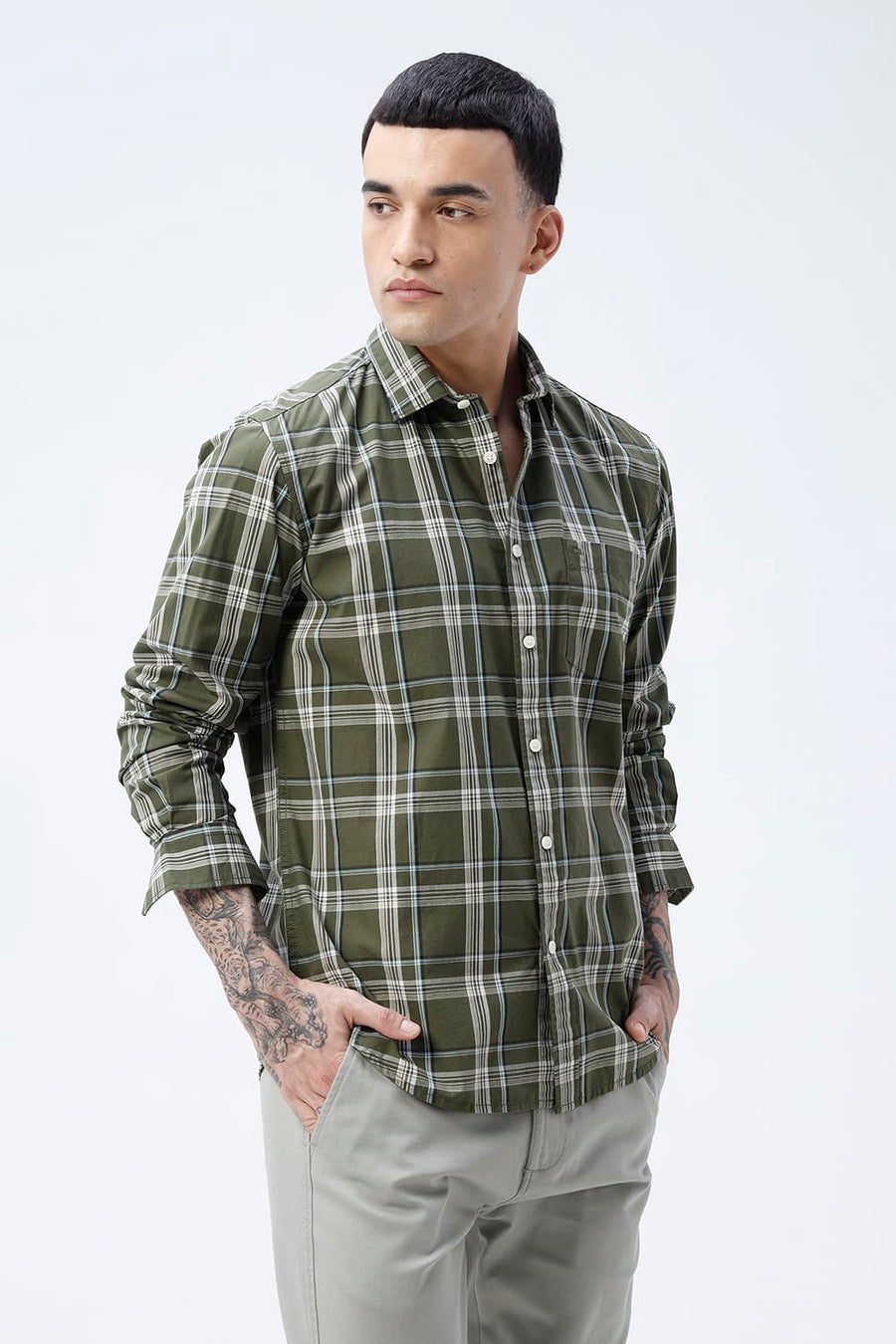 BASICS SLIM FIT LIGHT BLUE COTTON PLAIN CHECKS SHIRT