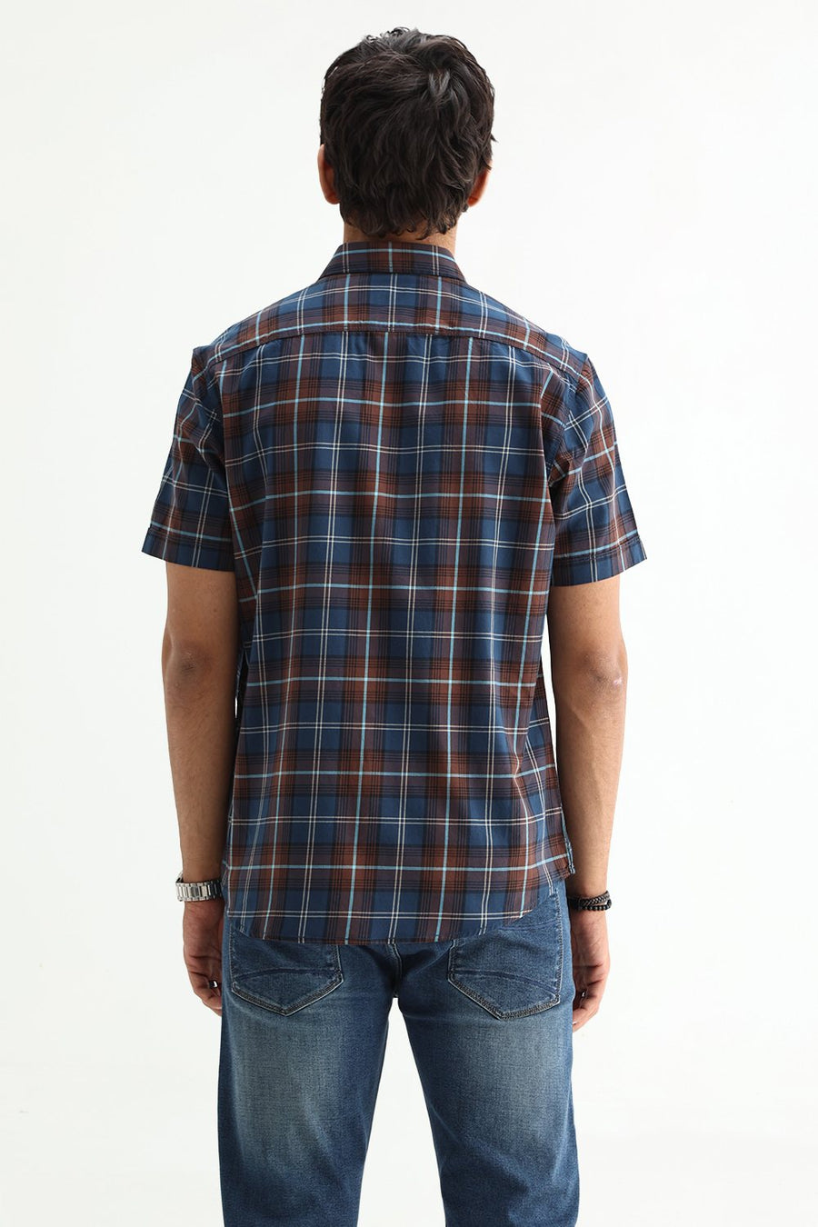 BASICS SLIM FIT LIGHT GREEN COTTON TWILL CHECKS HALFSLEEVES SHIRT