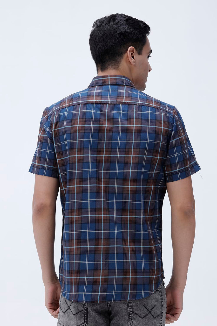 BASICS SLIM FIT LIGHT GREEN COTTON TWILL CHECKS HALFSLEEVES SHIRT