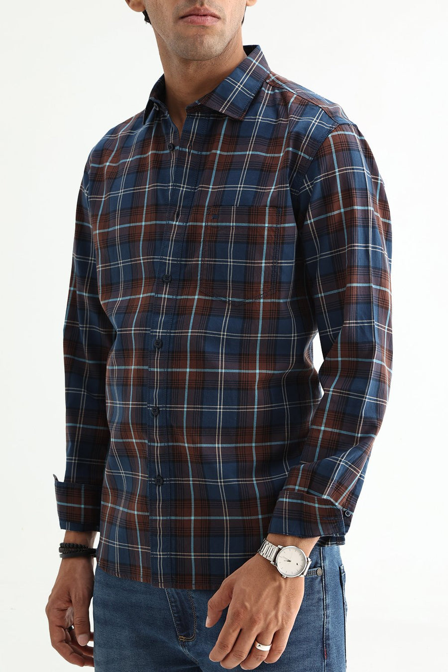BASICS SLIM FIT LIGHT GREEN COTTON TWILL CHECKS SHIRT