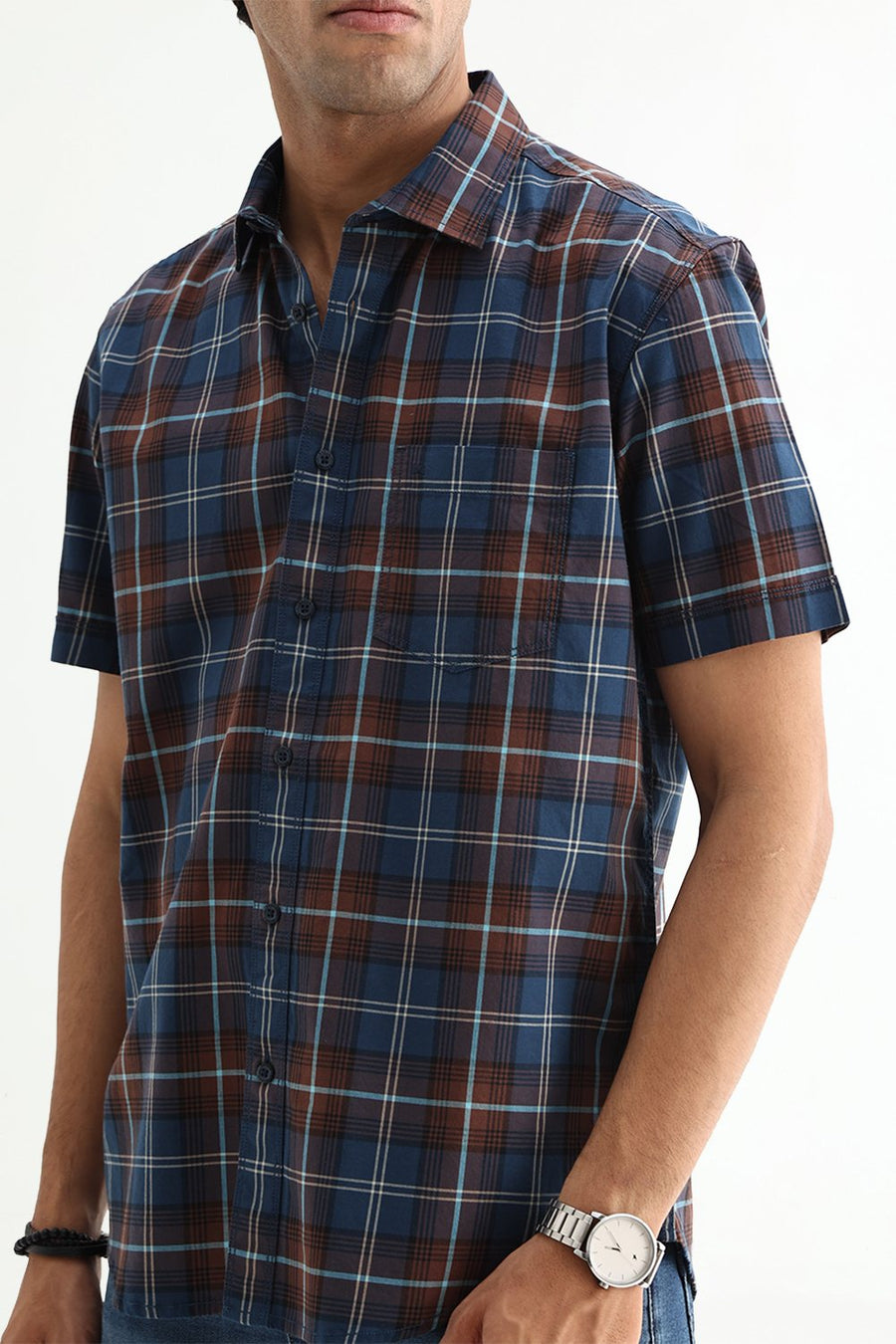 BASICS SLIM FIT LIGHT GREEN COTTON TWILL CHECKS HALFSLEEVES SHIRT