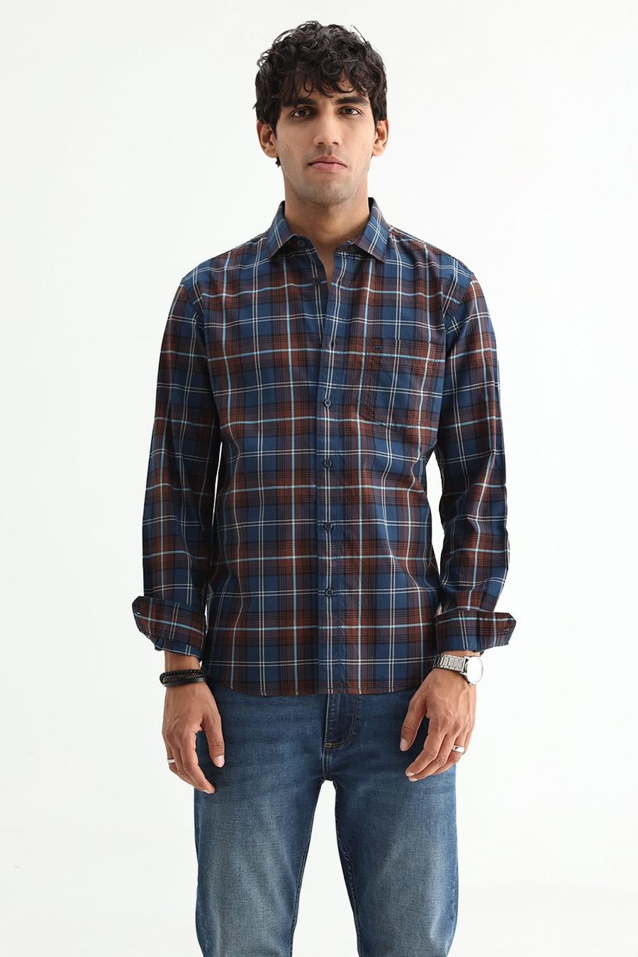 BASICS SLIM FIT LIGHT GREEN COTTON TWILL CHECKS SHIRT