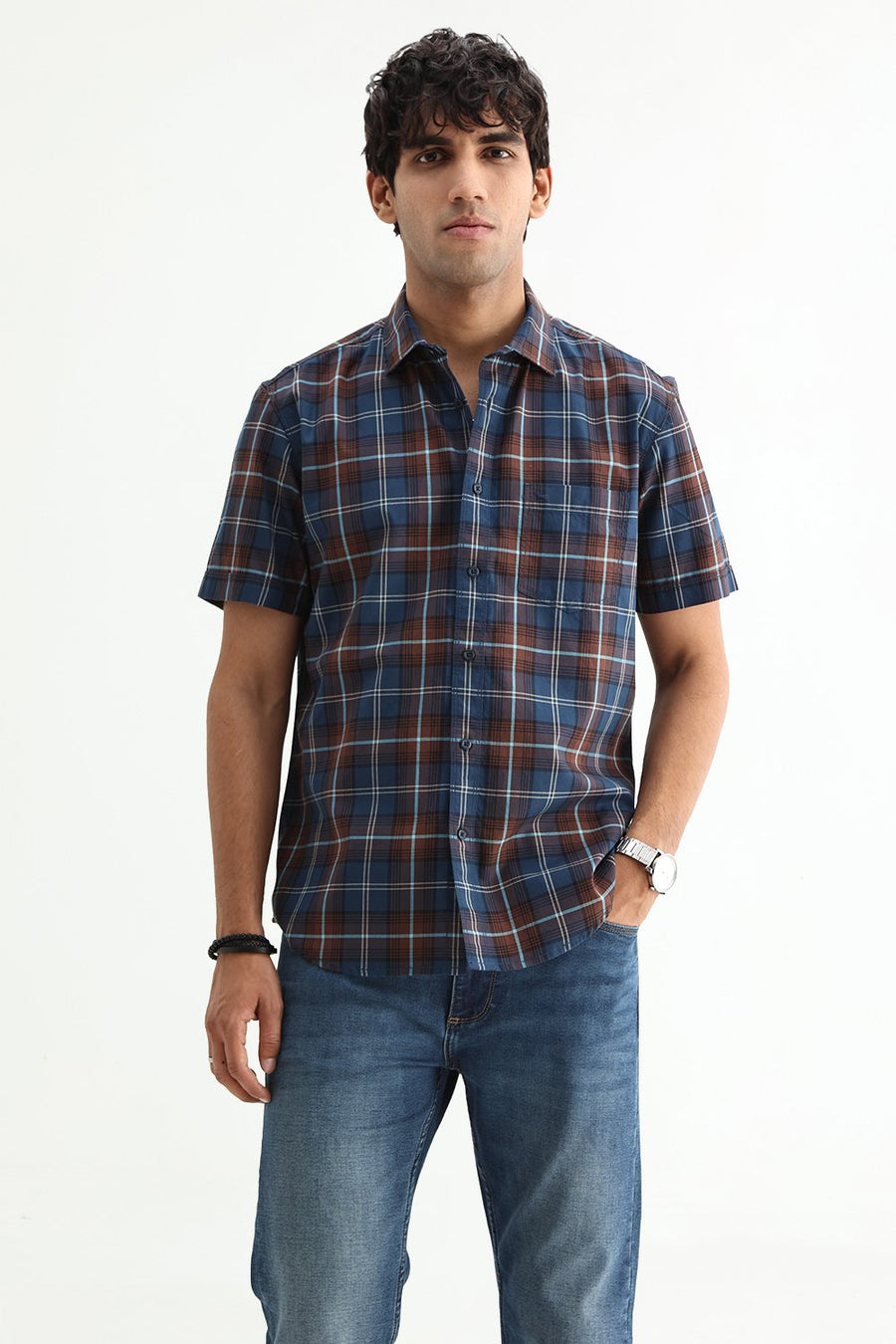 BASICS SLIM FIT LIGHT GREEN COTTON TWILL CHECKS HALFSLEEVES SHIRT