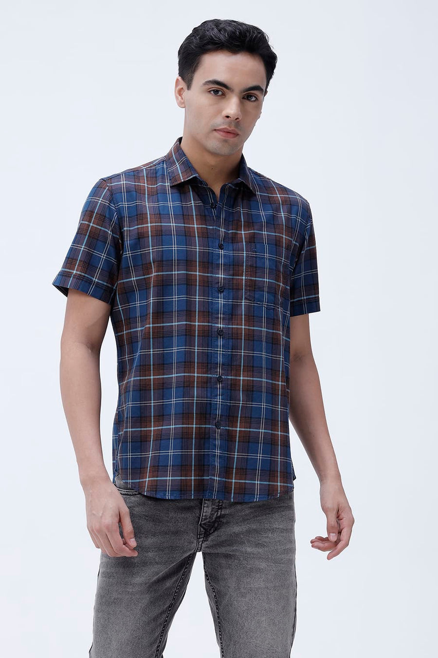 BASICS SLIM FIT LIGHT GREEN COTTON TWILL CHECKS HALFSLEEVES SHIRT