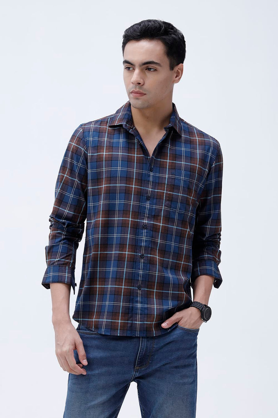 BASICS SLIM FIT LIGHT GREEN COTTON TWILL CHECKS SHIRT