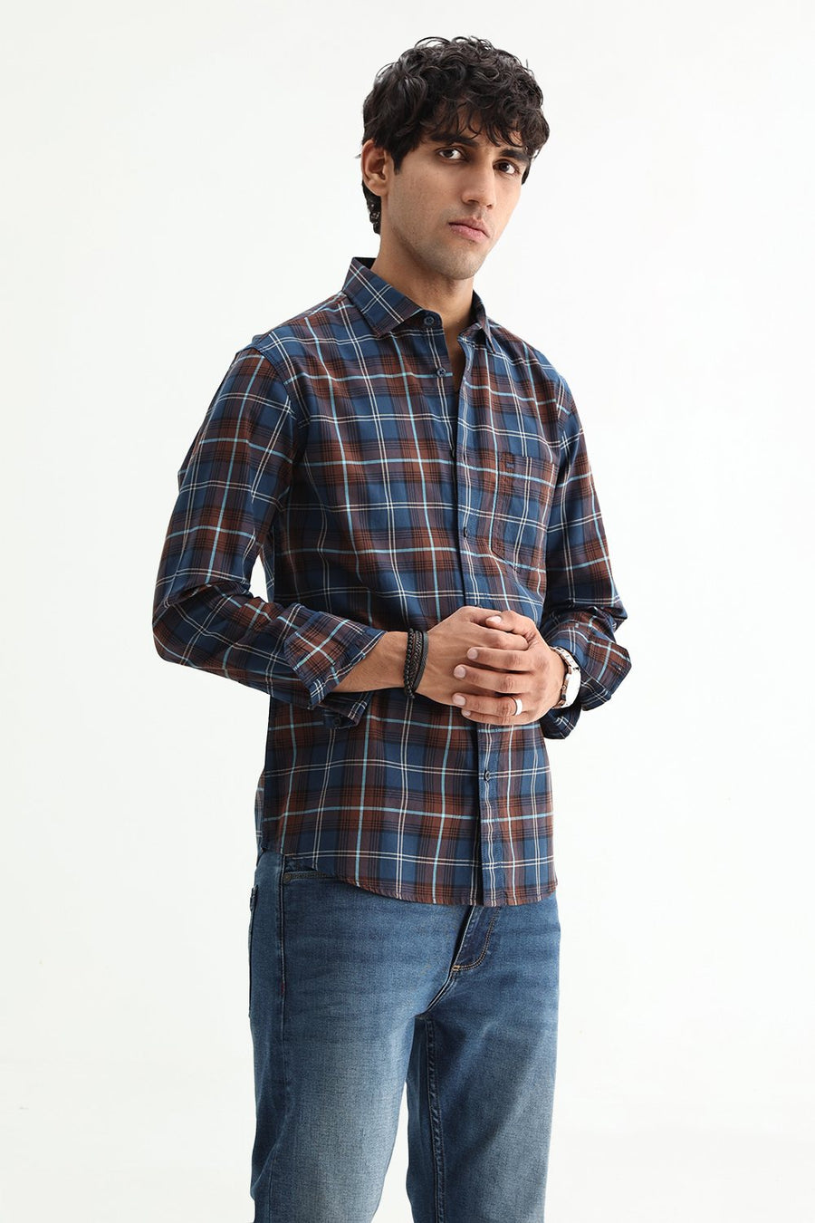 BASICS SLIM FIT LIGHT GREEN COTTON TWILL CHECKS SHIRT