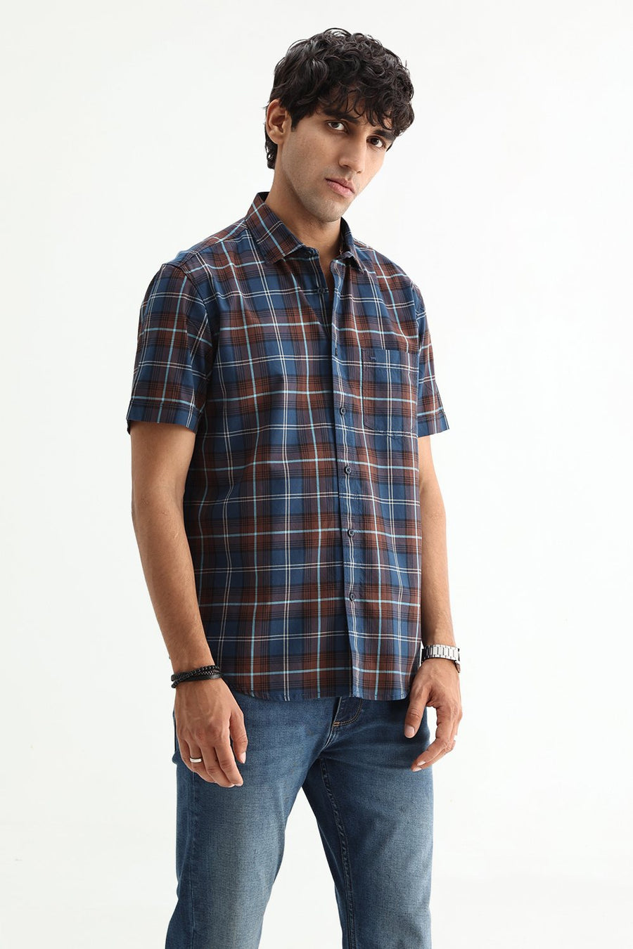 BASICS SLIM FIT LIGHT GREEN COTTON TWILL CHECKS HALFSLEEVES SHIRT