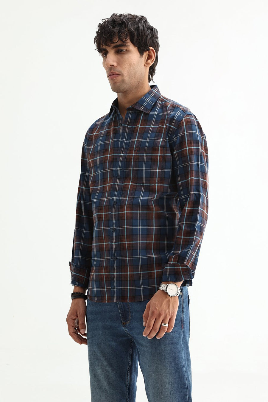 BASICS SLIM FIT LIGHT GREEN COTTON TWILL CHECKS SHIRT