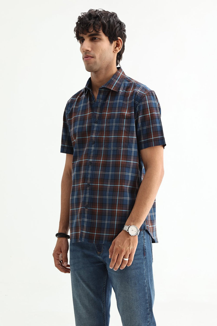 BASICS SLIM FIT LIGHT GREEN COTTON TWILL CHECKS HALFSLEEVES SHIRT