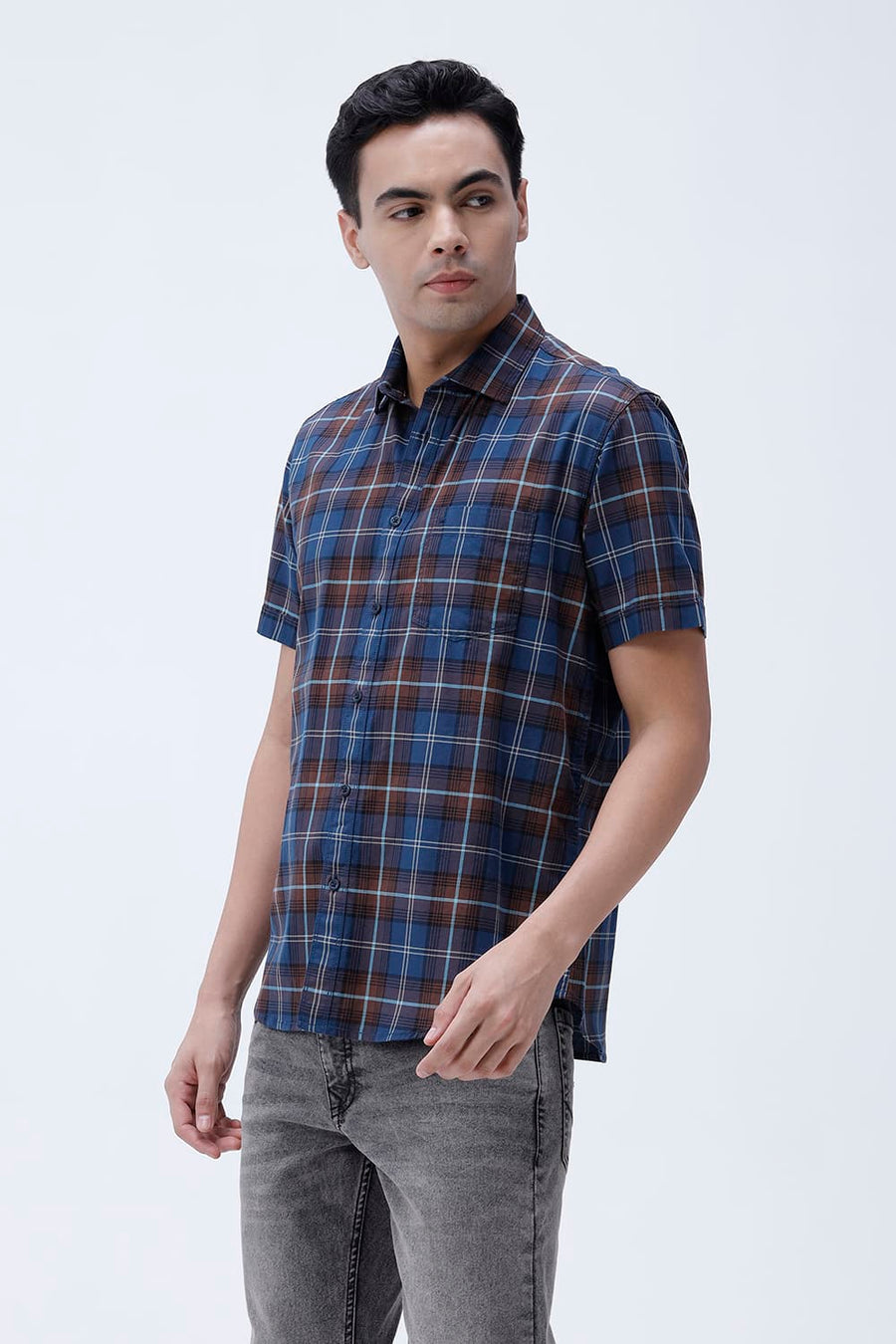 BASICS SLIM FIT LIGHT GREEN COTTON TWILL CHECKS HALFSLEEVES SHIRT