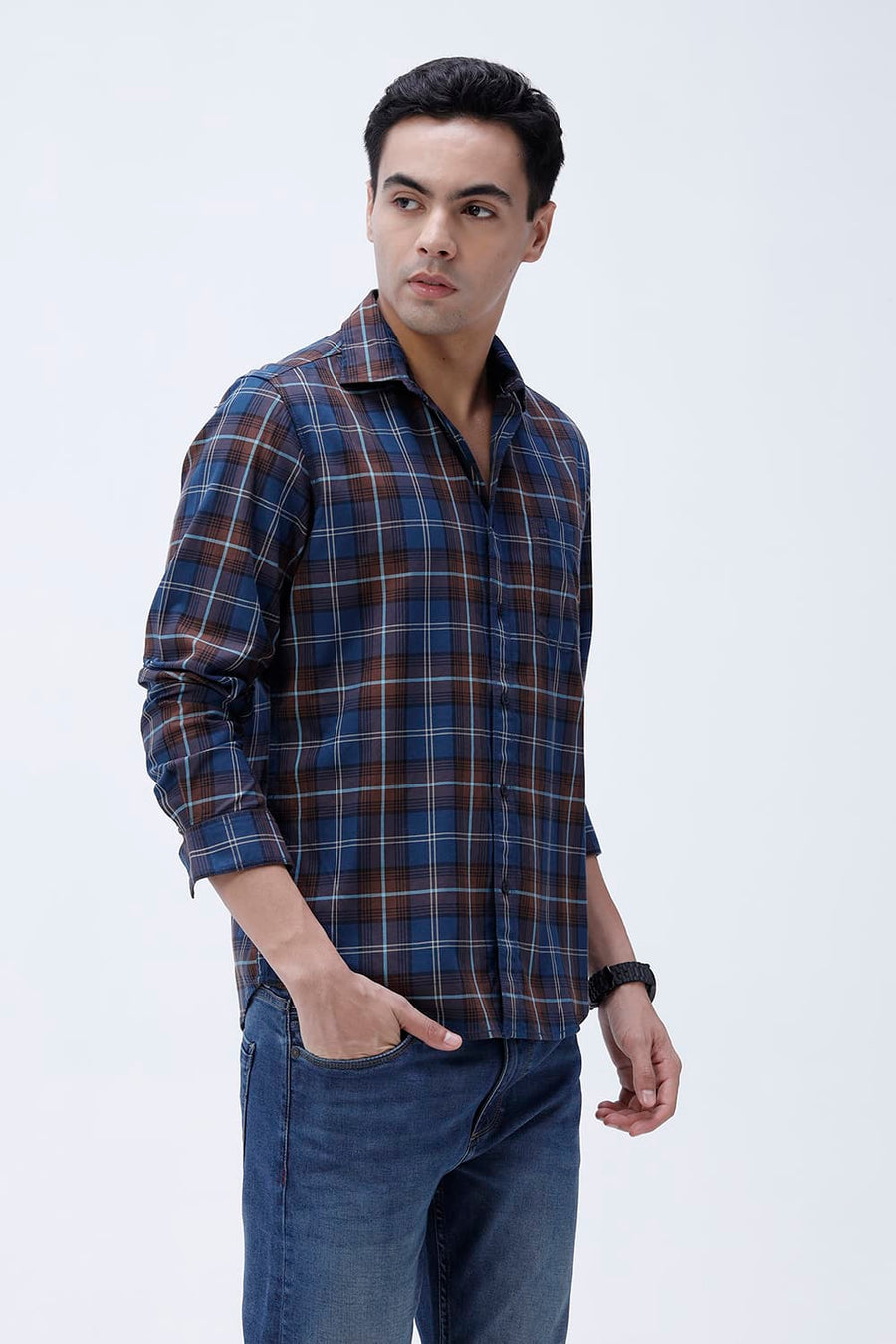 BASICS SLIM FIT LIGHT GREEN COTTON TWILL CHECKS SHIRT