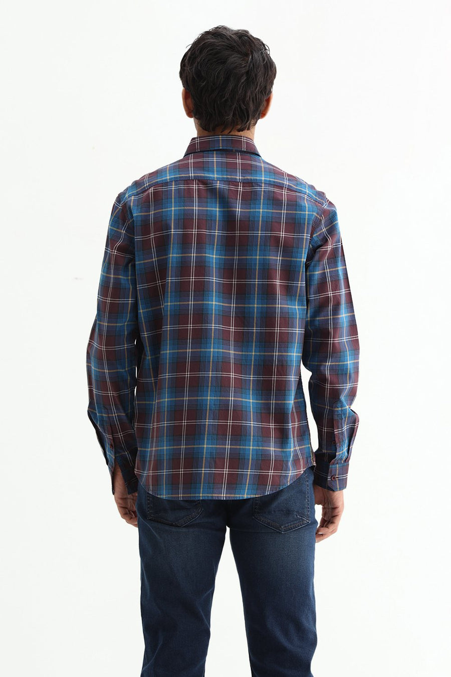 BASICS SLIM FIT LIGHT GREY COTTON TWILL CHECKS SHIRT
