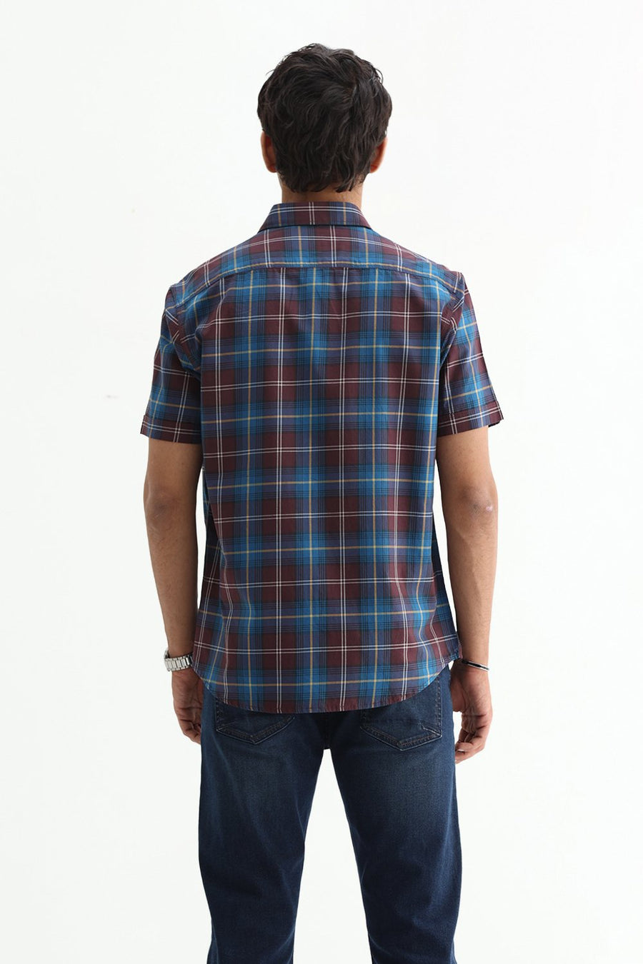 BASICS SLIM FIT LIGHT GREY COTTON TWILL CHECKS HALFSLEEVES SHIRT
