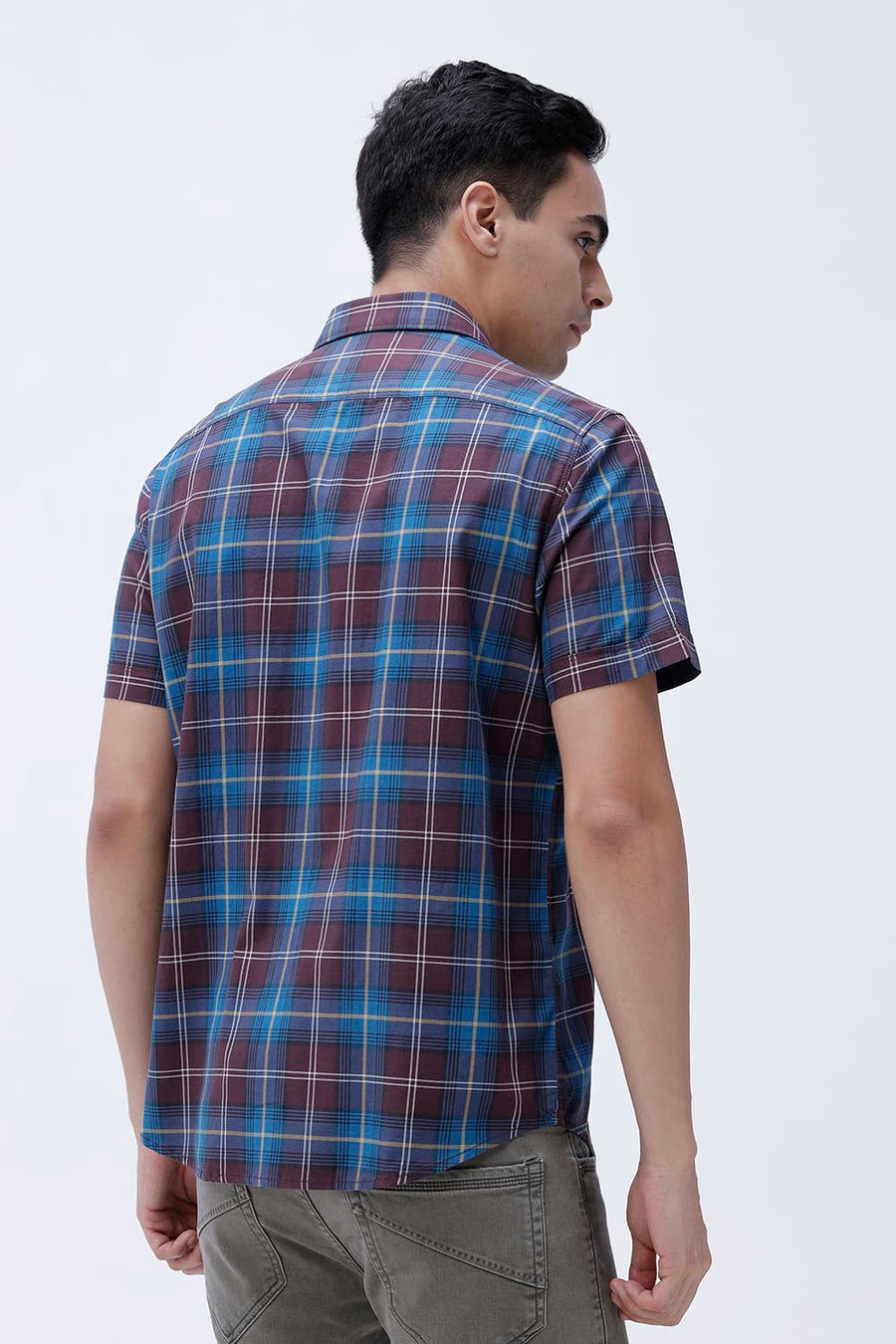BASICS SLIM FIT LIGHT GREY COTTON TWILL CHECKS HALFSLEEVES SHIRT