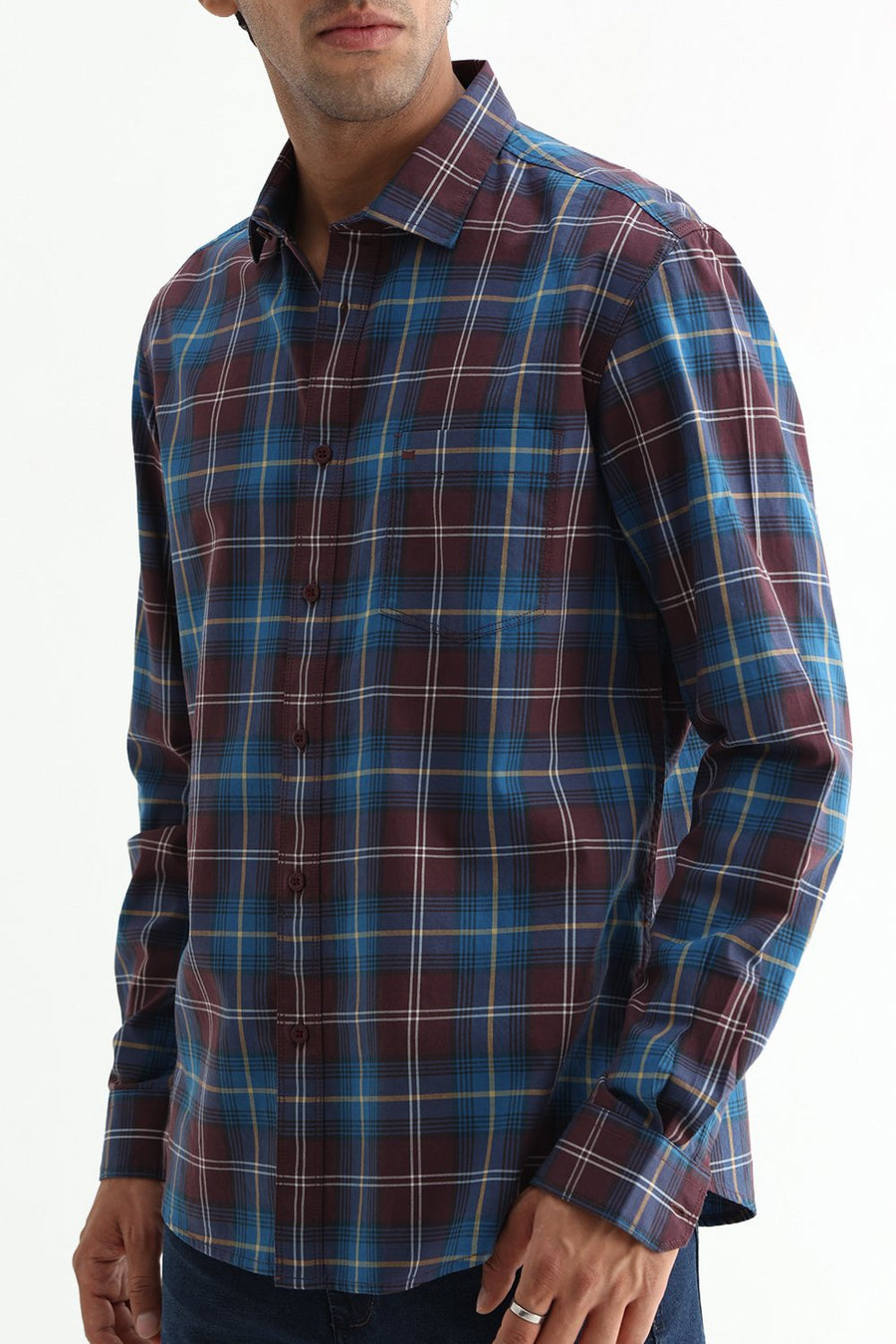 BASICS SLIM FIT LIGHT GREY COTTON TWILL CHECKS SHIRT