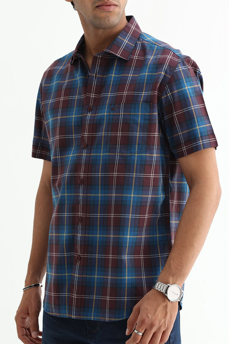 BASICS SLIM FIT LIGHT GREY COTTON TWILL CHECKS HALFSLEEVES SHIRT