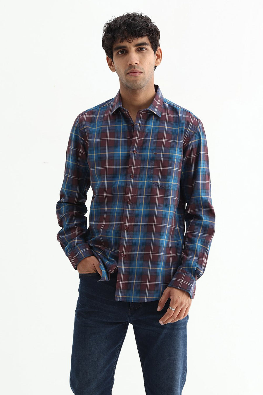 BASICS SLIM FIT LIGHT GREY COTTON TWILL CHECKS SHIRT