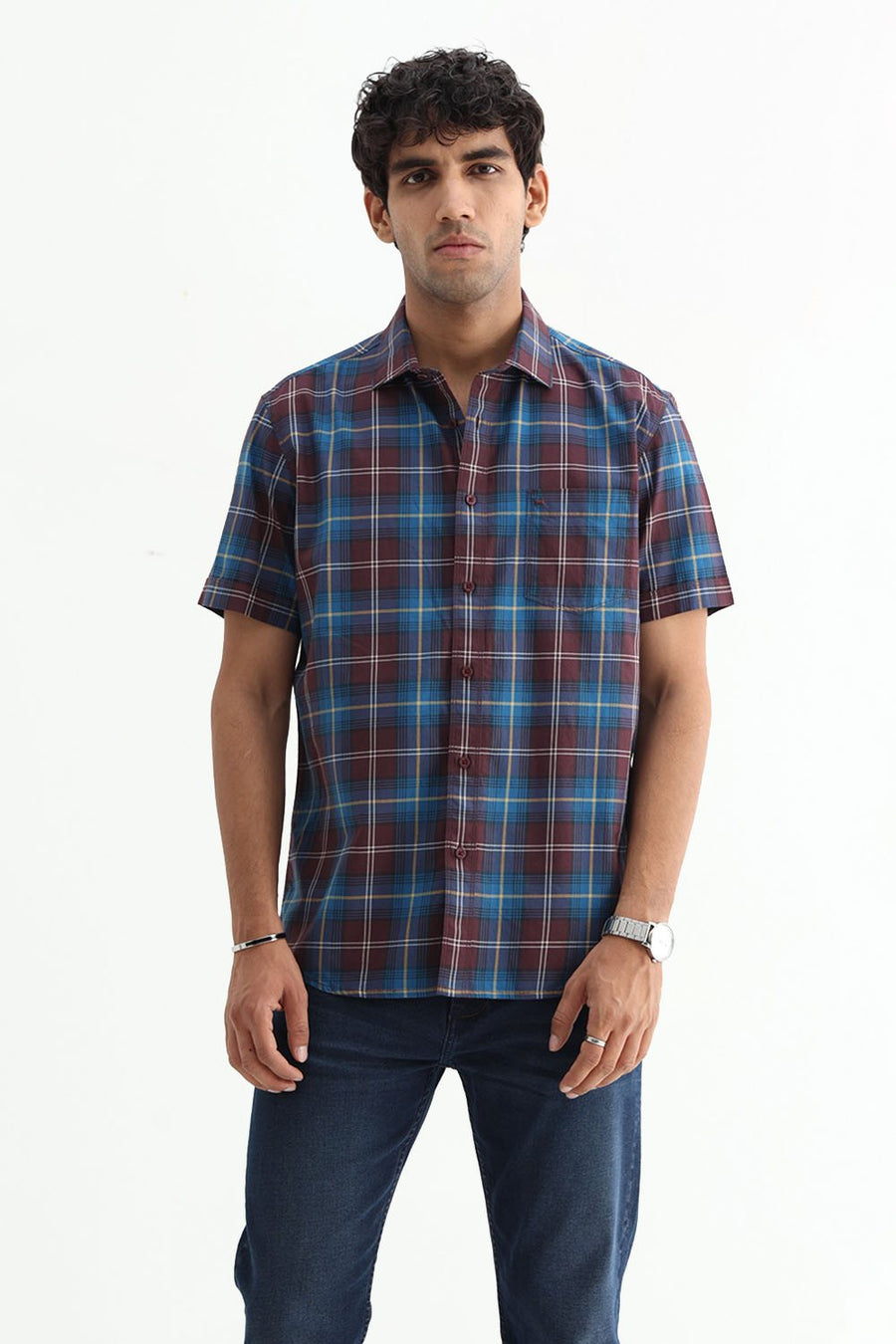 BASICS SLIM FIT LIGHT GREY COTTON TWILL CHECKS HALFSLEEVES SHIRT